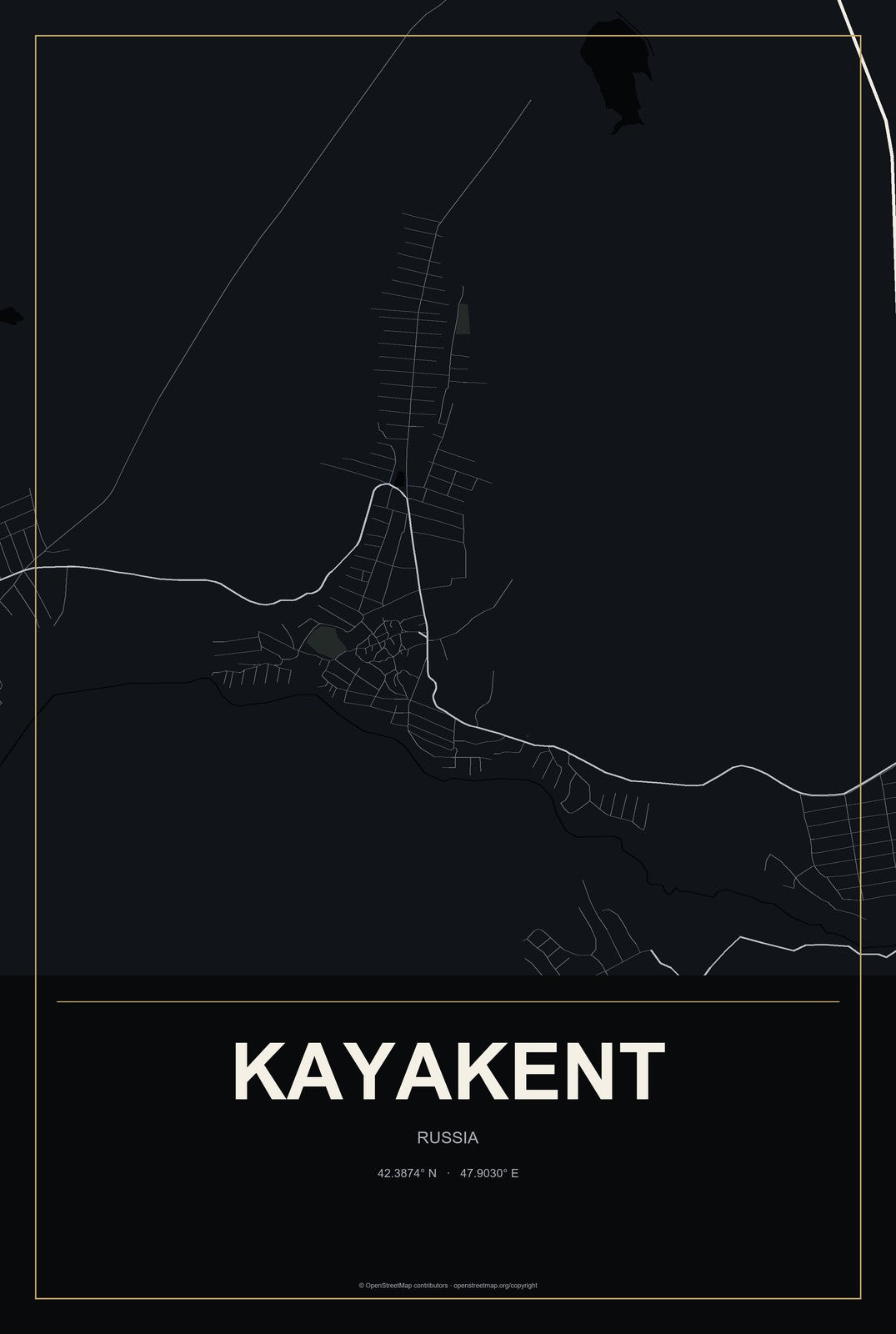 Kayakent, Russia City Map Aluminum Sign in Metropolitan Noir style