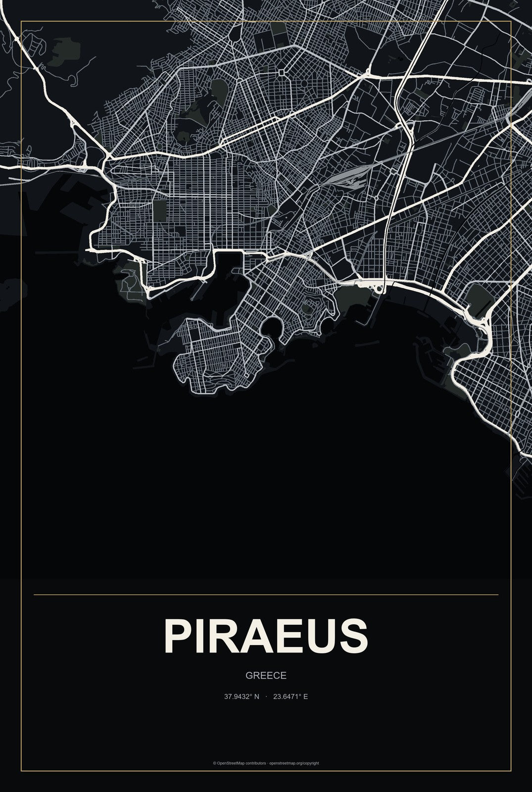 Piraeus, Greece City Map Aluminum Sign in Metropolitan Noir style