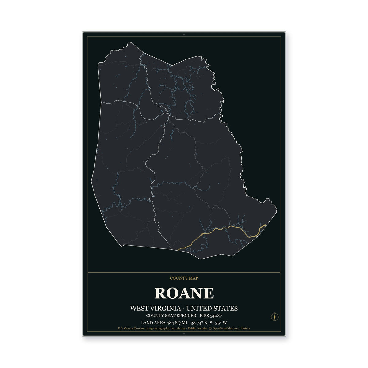 Roane County, West Virginia Map Aluminum Sign in Metropolitan Noir style
