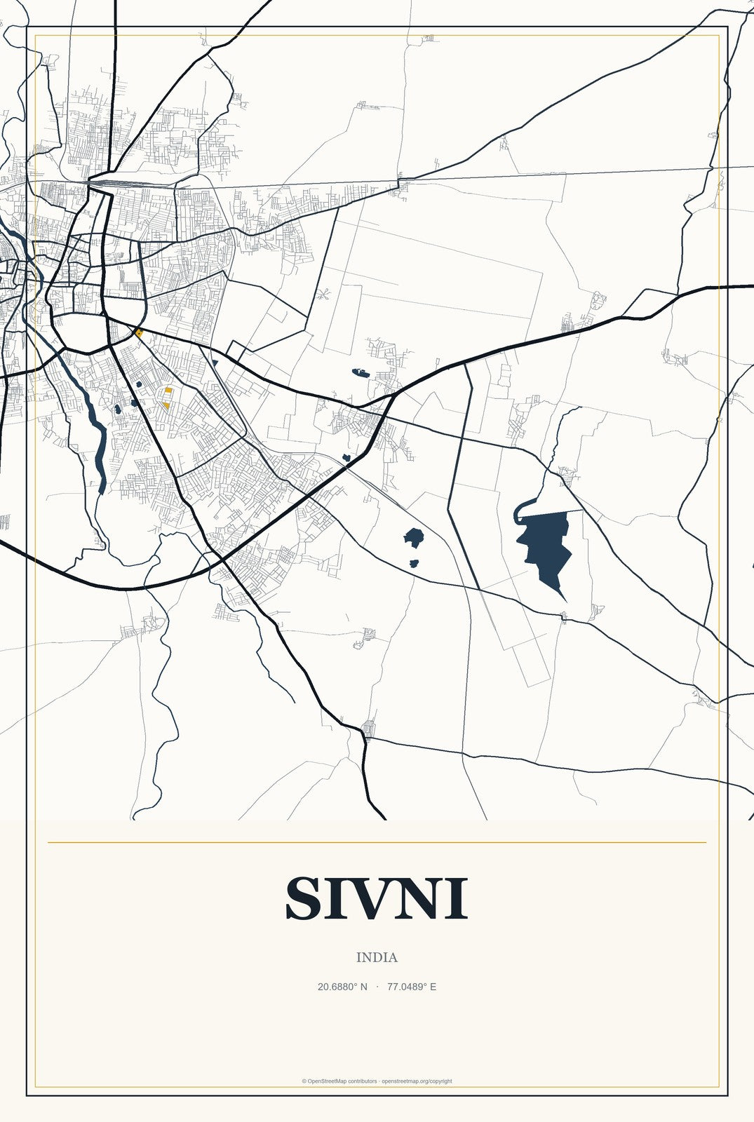Sivni, India City Map Aluminum Sign in Citrine Modern style