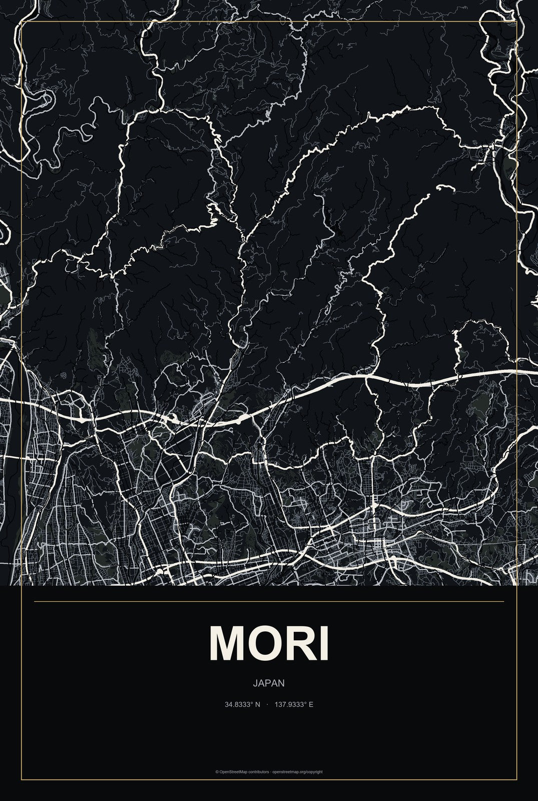 Mori, Japan City Map Aluminum Sign in Metropolitan Noir style
