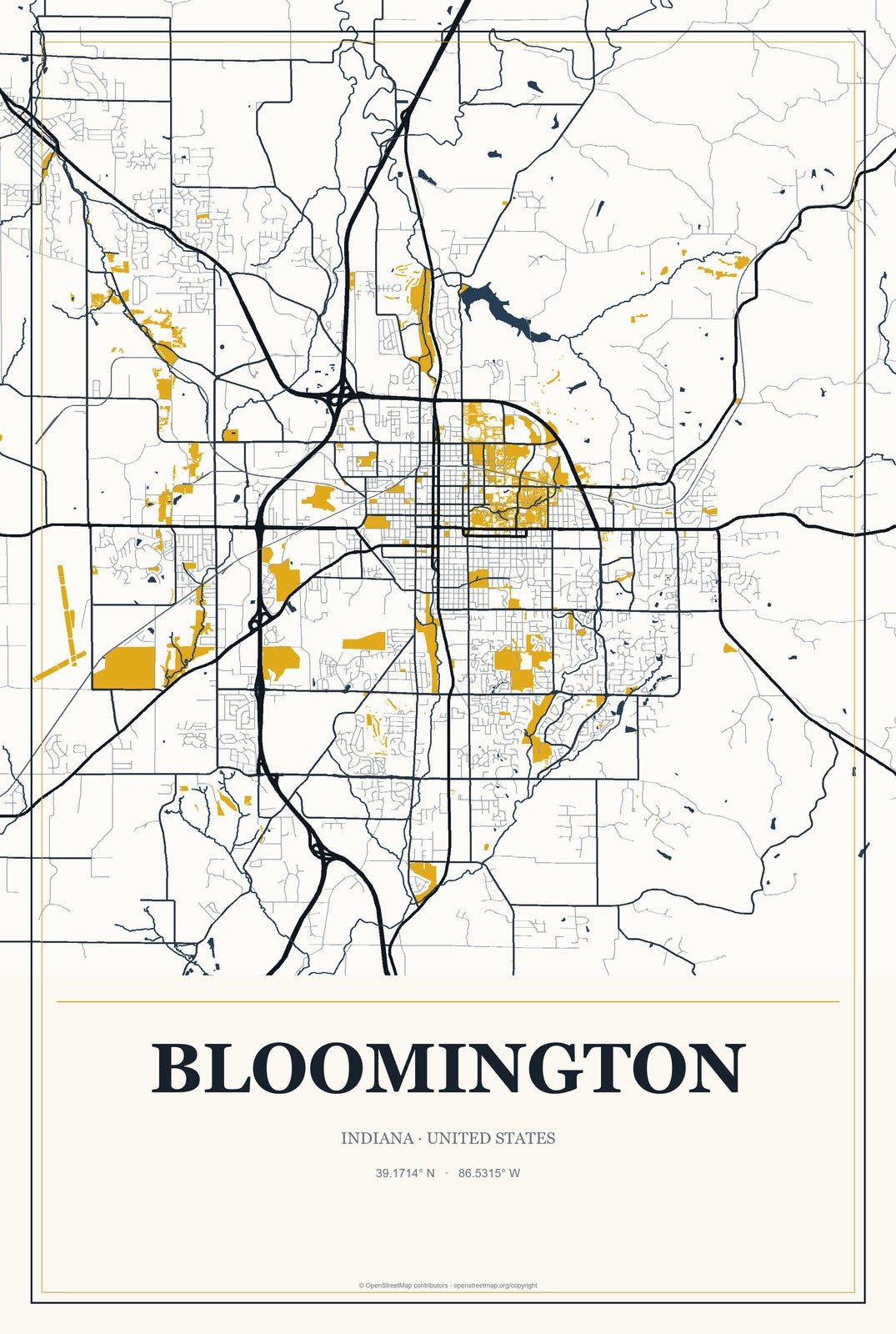 Bloomington, Indiana City Map Aluminum Sign in Citrine Modern style