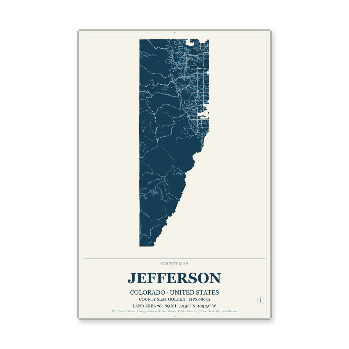 Jefferson County, Colorado Map Aluminum Sign in Coastal Cutout style