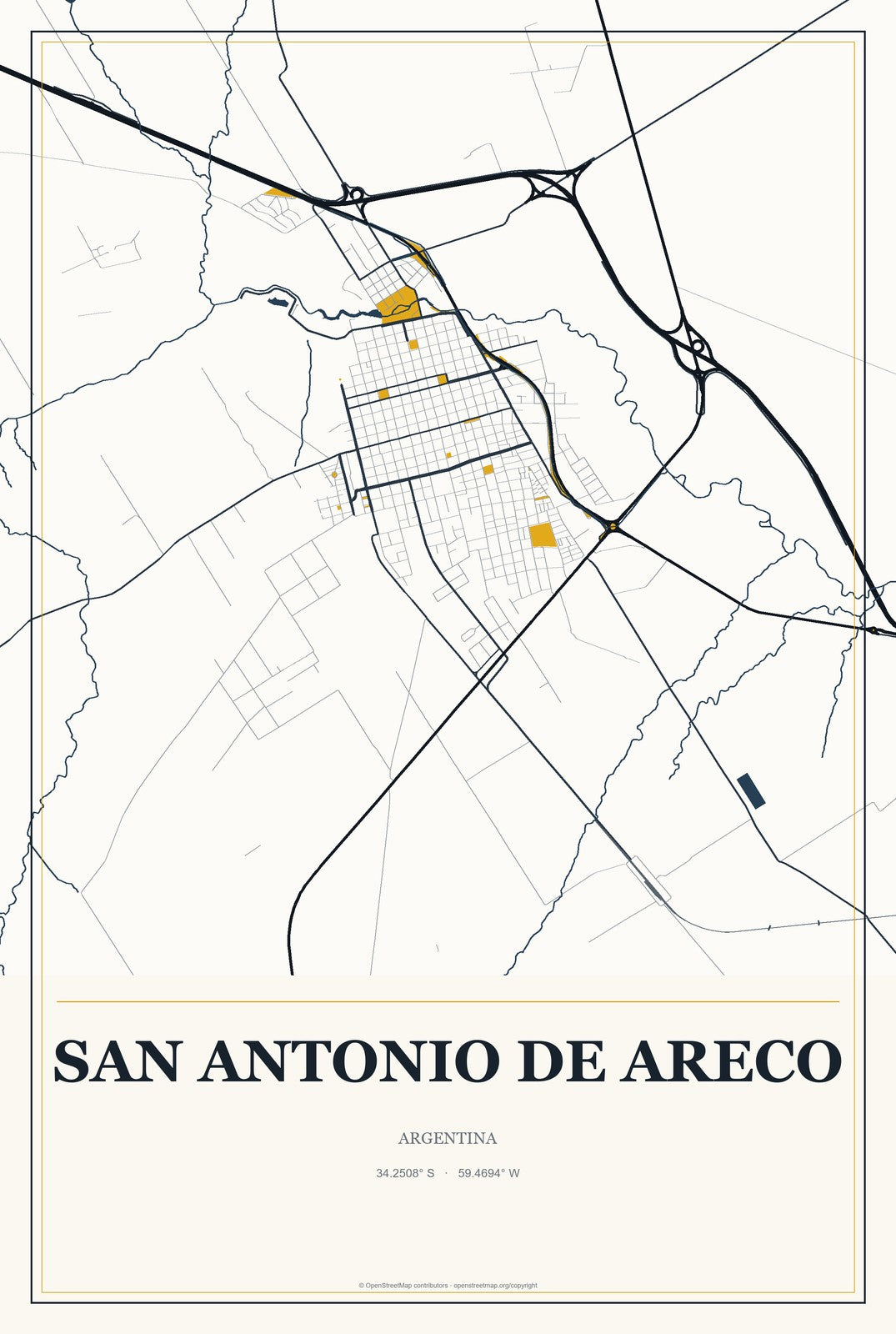 San Antonio de Areco, Argentina City Map Aluminum Sign in Citrine Modern style