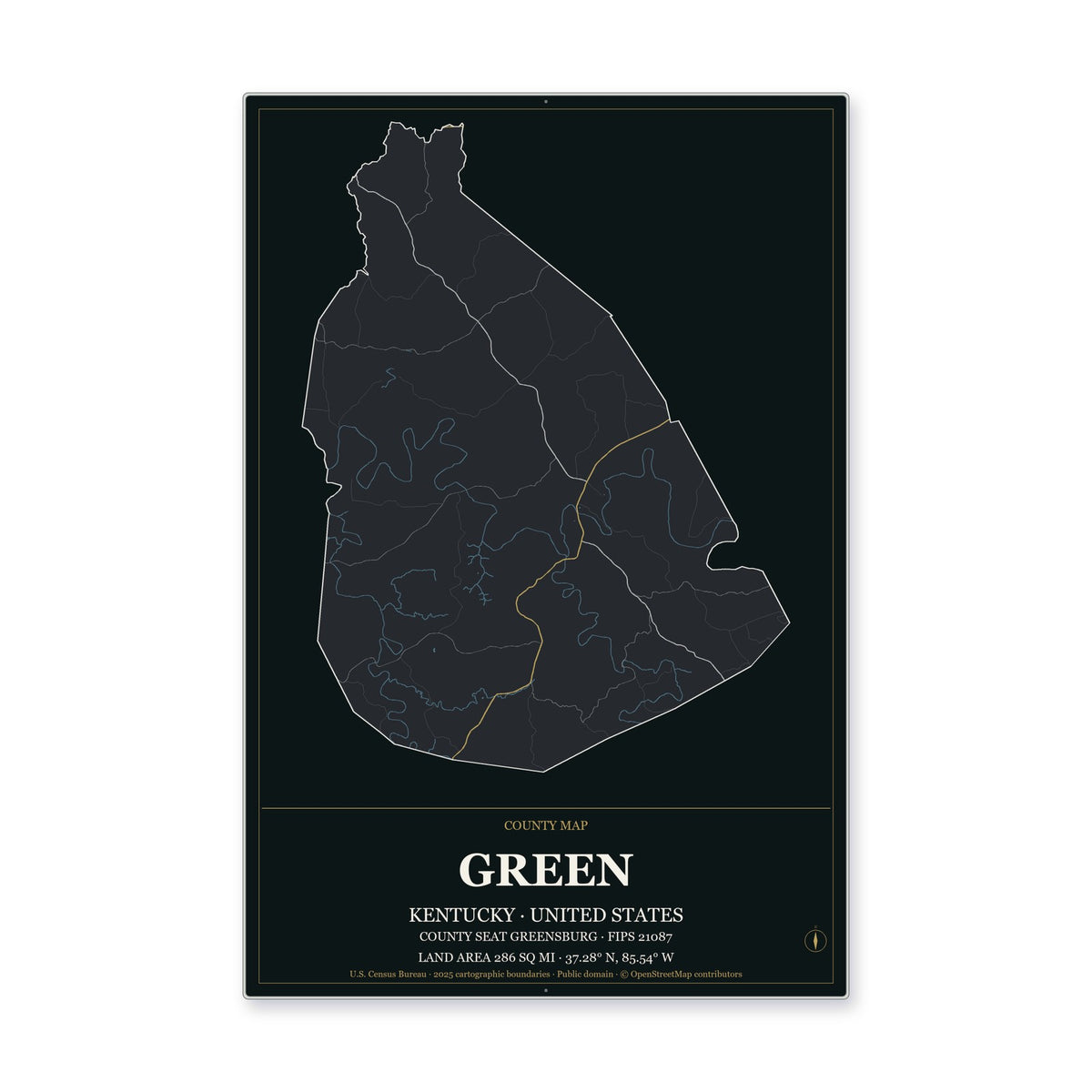Green County, Kentucky Map Aluminum Sign in Metropolitan Noir style