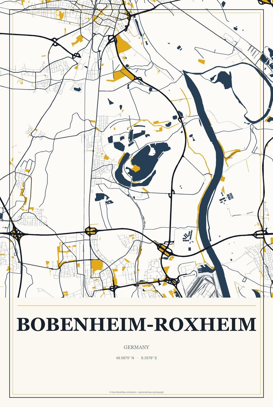 Bobenheim-Roxheim, Germany City Map Aluminum Sign in Citrine Modern style