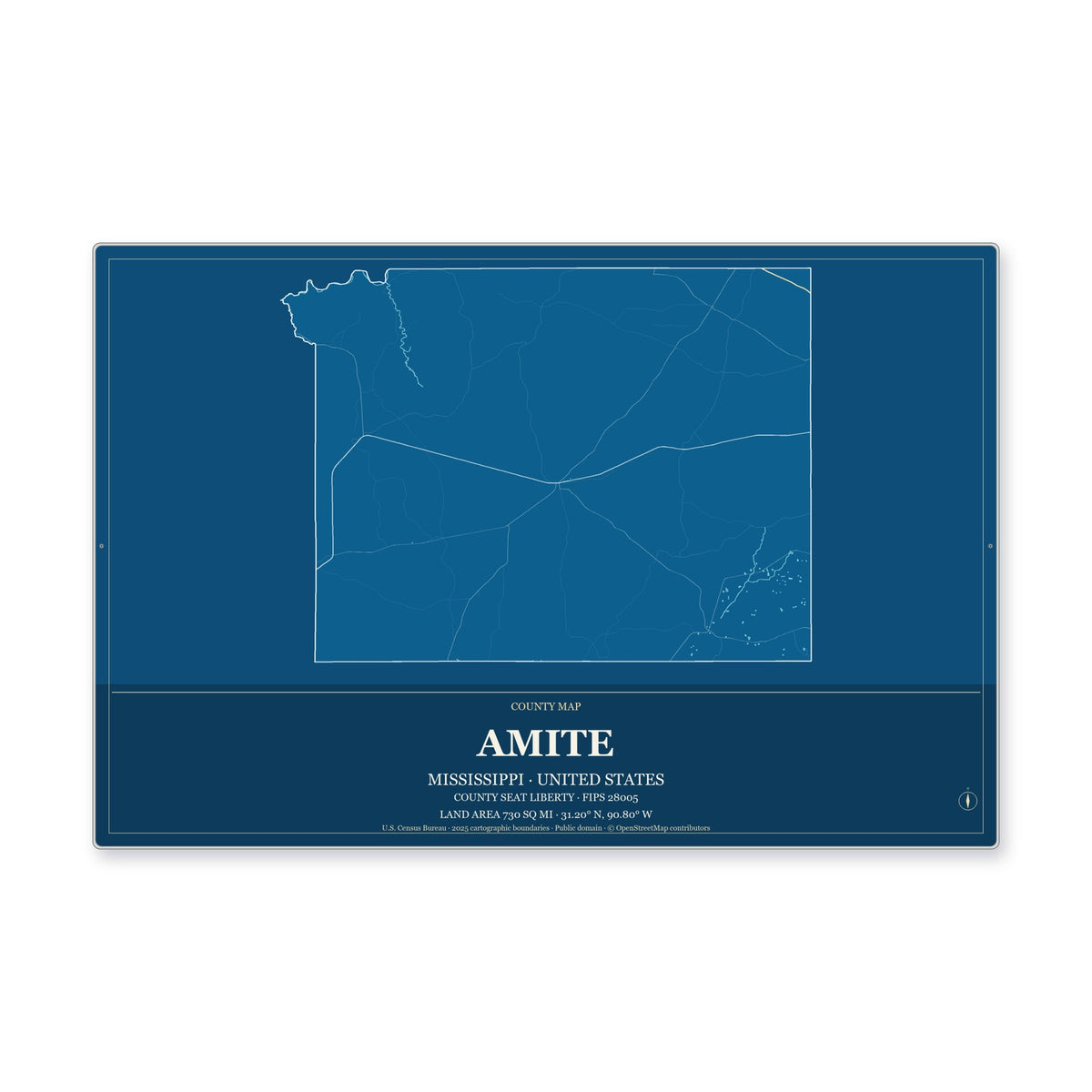 Amite County, Mississippi Map Aluminum Sign in Harbor Cobalt style