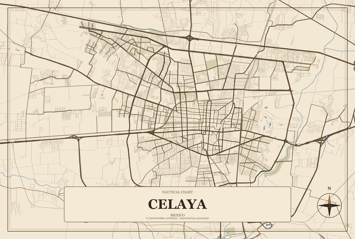 Celaya, Mexico City Map Aluminum Sign in Heritage Nautical style