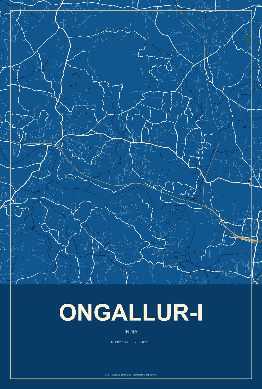 Ongallur-I, India City Map Aluminum Sign in Harbor Cobalt style