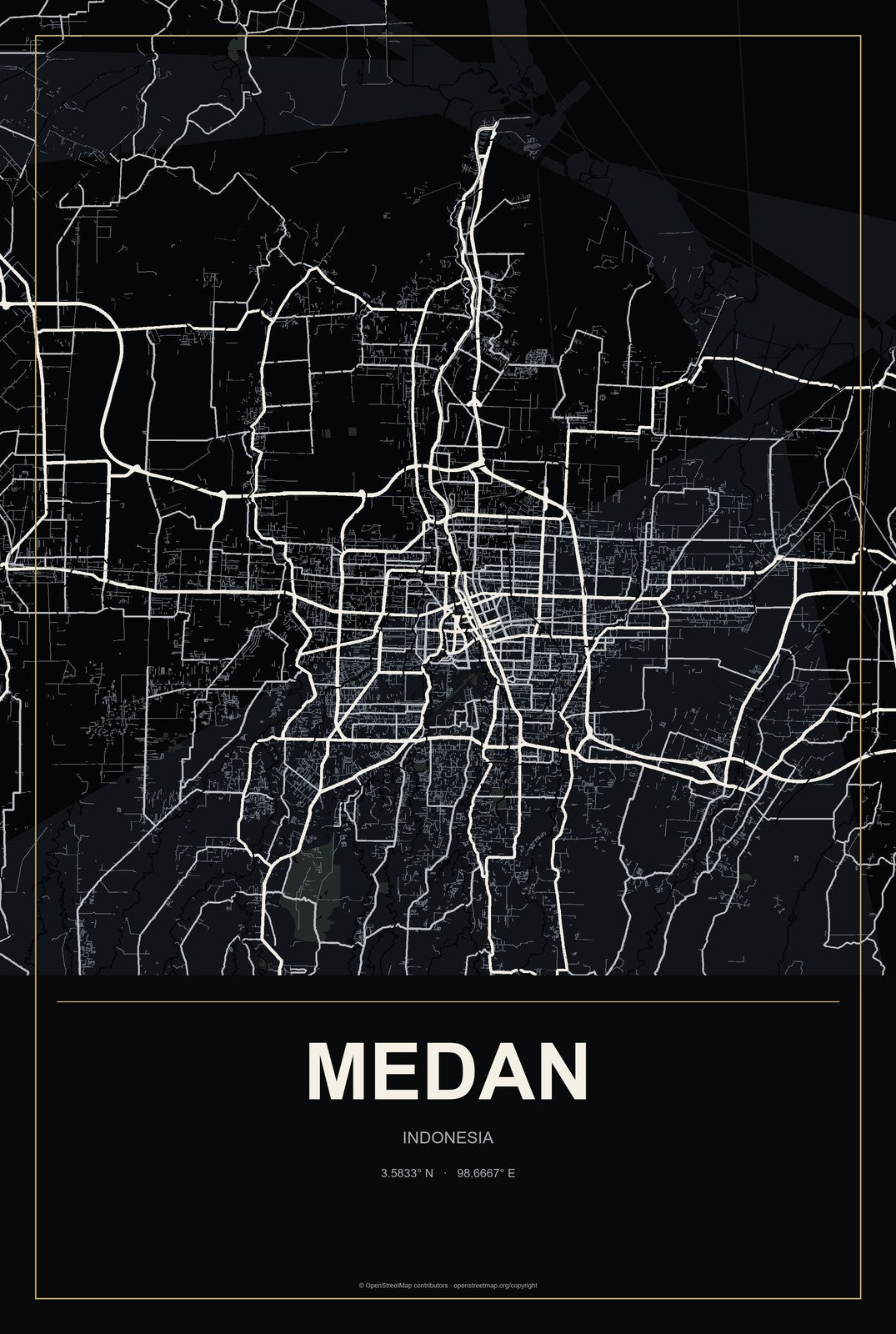 Medan, Indonesia City Map Aluminum Sign in Metropolitan Noir style
