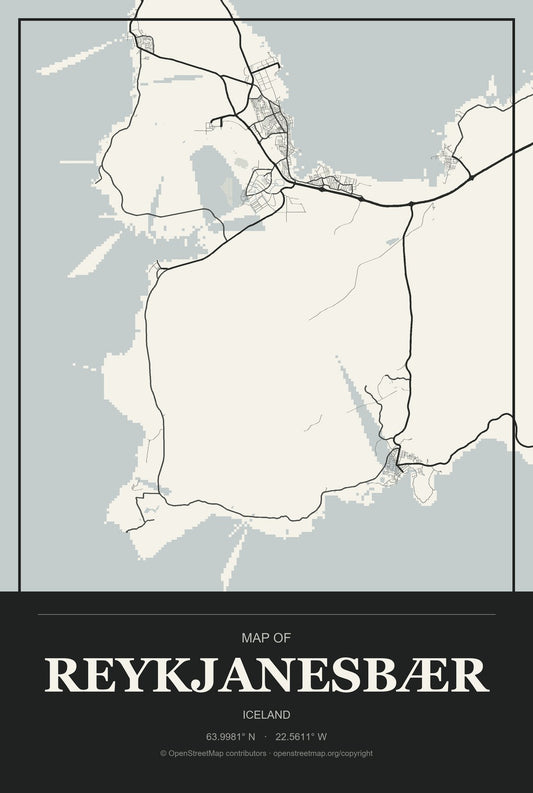 Reykjanesbær, Iceland City Map Aluminum Sign in Museum Plaque style
