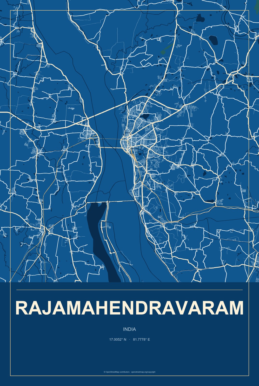 Rajamahendravaram, India City Map Aluminum Sign in Harbor Cobalt style