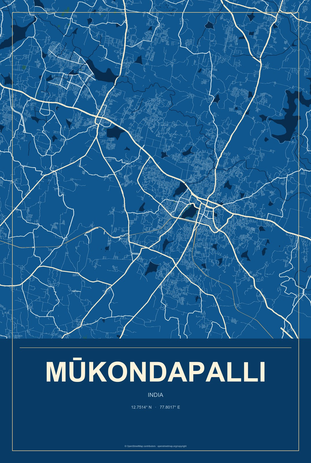 Mūkondapalli, India City Map Aluminum Sign in Harbor Cobalt style