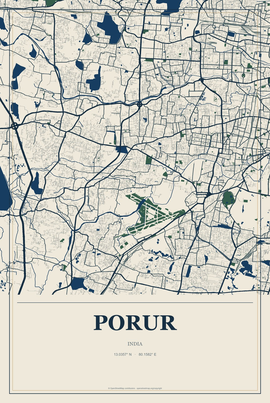 Porur, India City Map Aluminum Sign in Coastal Cutout style