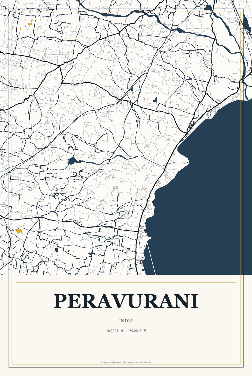 Peravurani, India City Map Aluminum Sign in Citrine Modern style