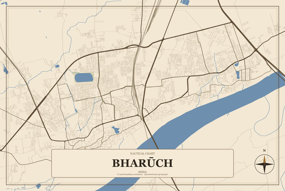 Bharūch, India City Map Aluminum Sign in Heritage Nautical style