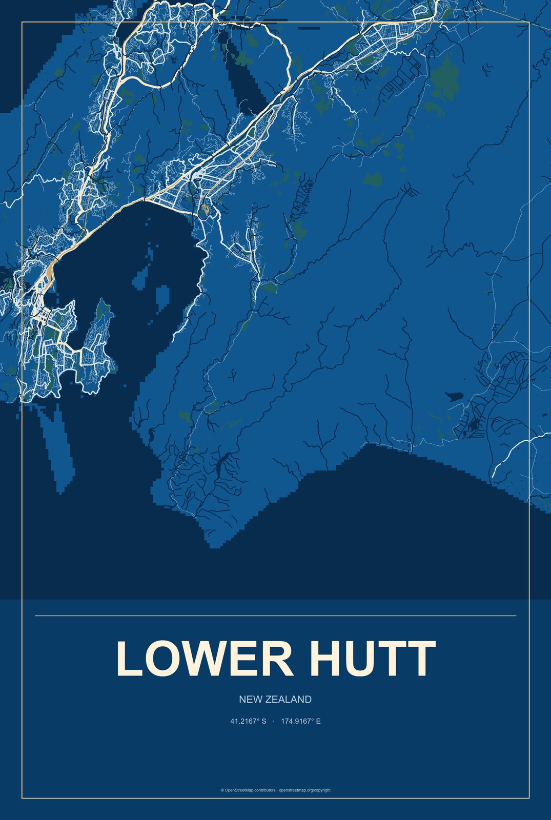 Lower Hutt, New Zealand City Map Aluminum Sign in Harbor Cobalt style