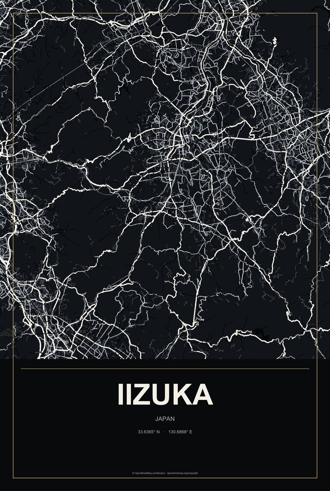 Iizuka, Japan City Map Aluminum Sign in Metropolitan Noir style