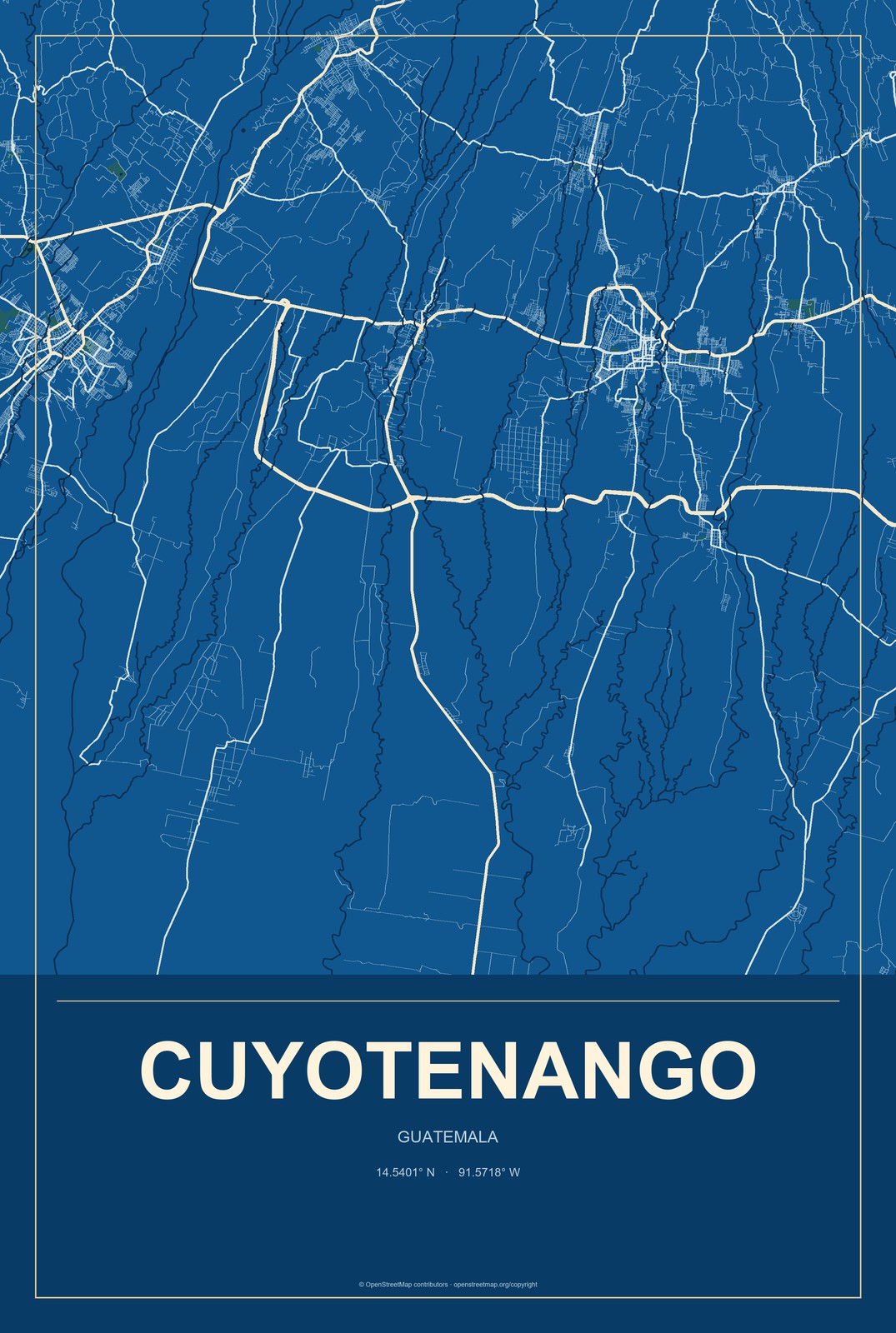 Cuyotenango, Guatemala City Map Aluminum Sign in Harbor Cobalt style