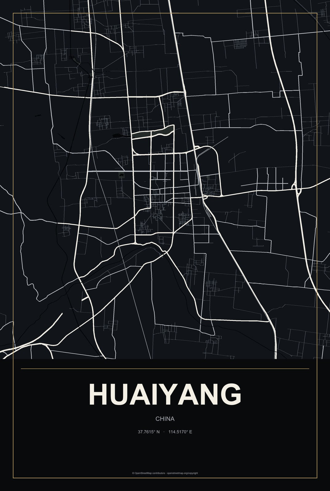Huaiyang, China City Map Aluminum Sign in Metropolitan Noir style