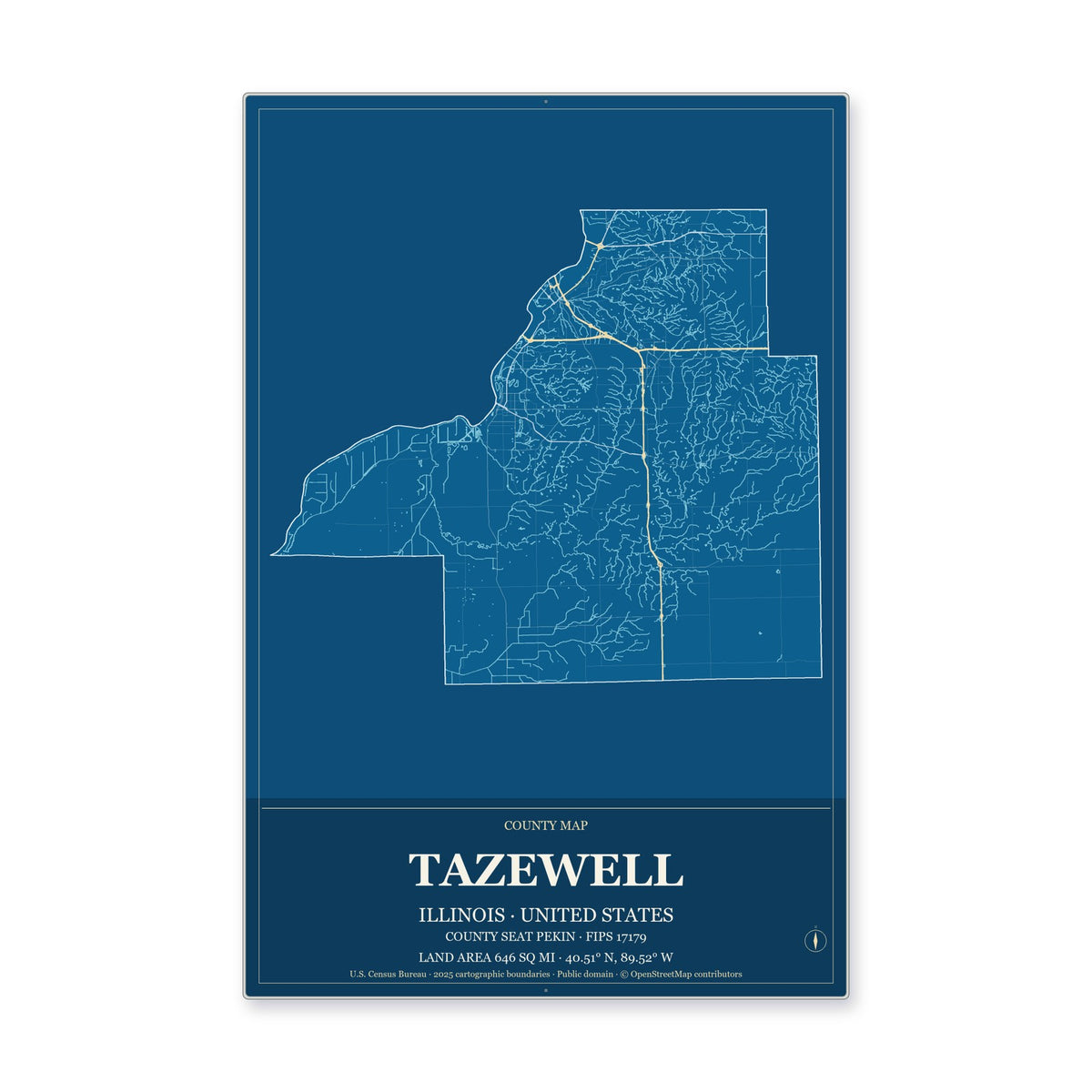 Tazewell County, Illinois Map Aluminum Sign in Harbor Cobalt style