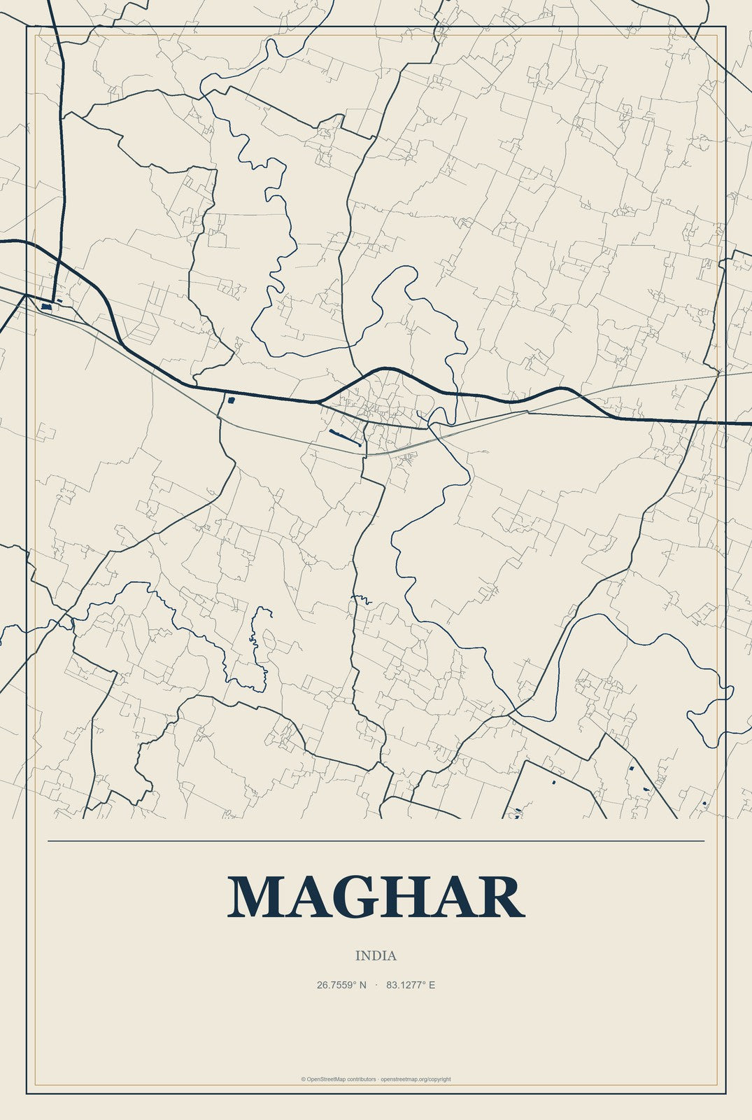 Maghar, India City Map Aluminum Sign in Coastal Cutout style