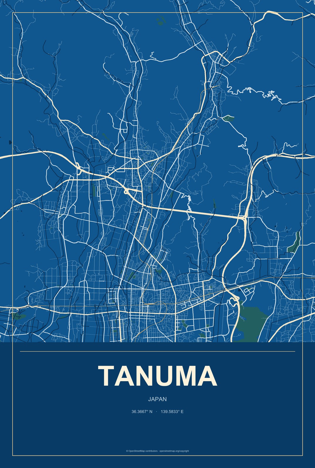 Tanuma, Japan City Map Aluminum Sign in Harbor Cobalt style
