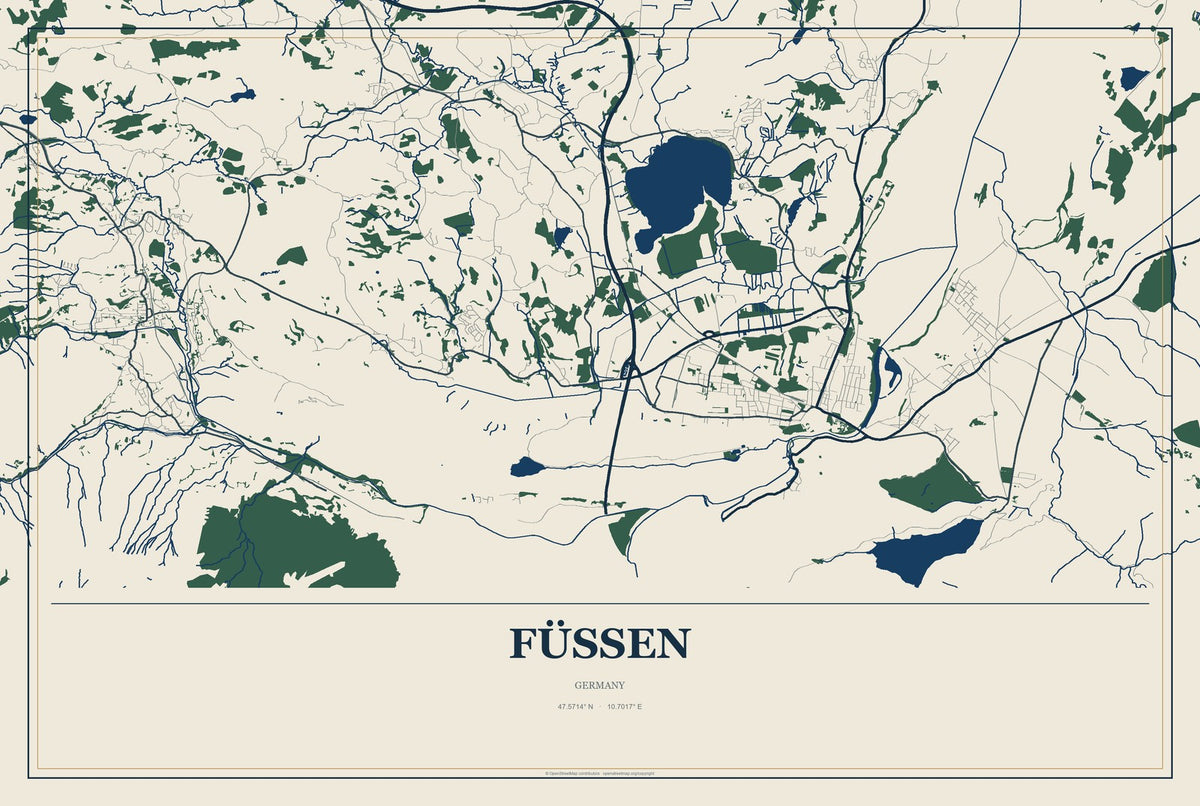 Füssen, Germany City Map Aluminum Sign in Coastal Cutout style