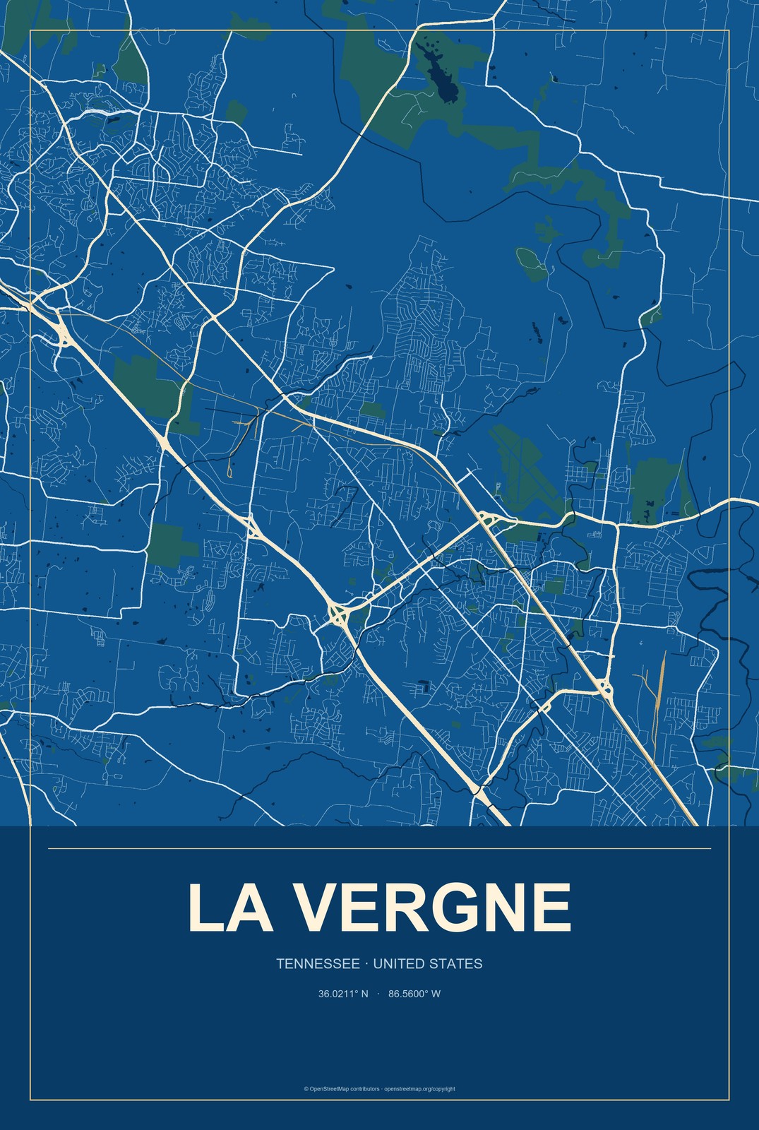 La Vergne, Tennessee City Map Aluminum Sign in Harbor Cobalt style
