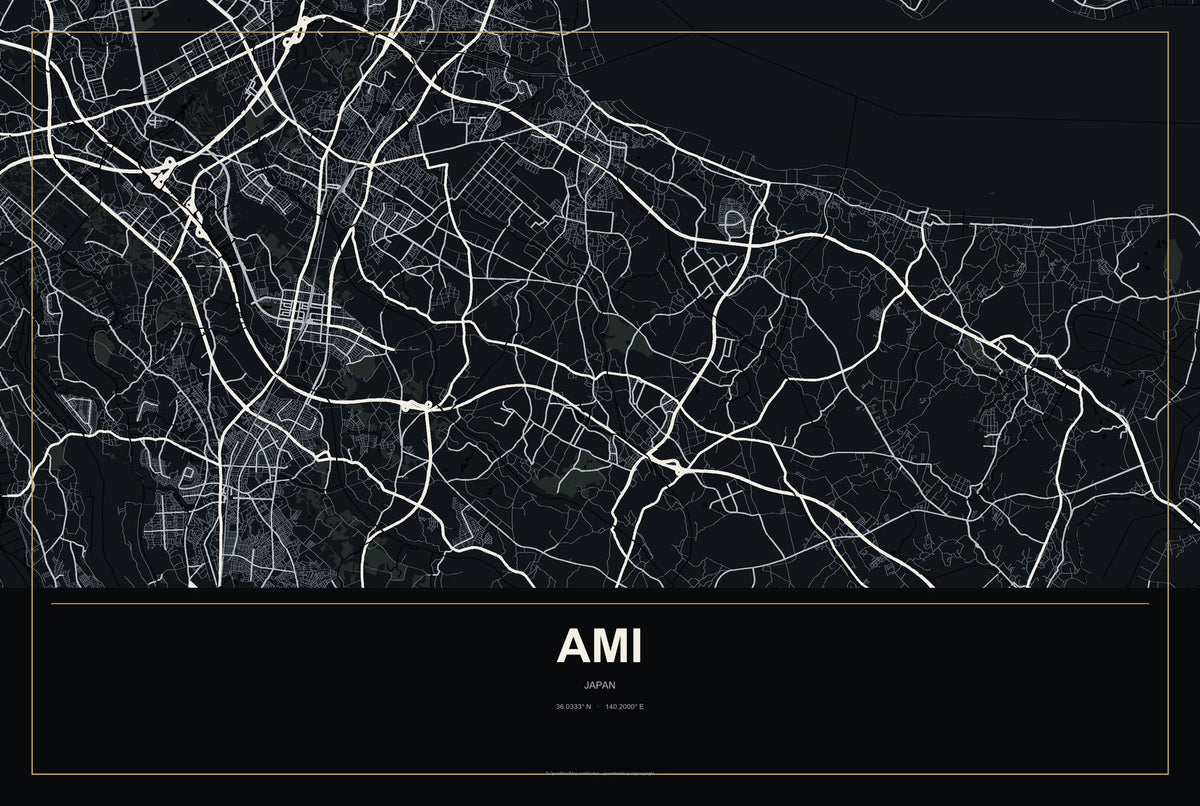 Ami, Japan City Map Aluminum Sign in Metropolitan Noir style