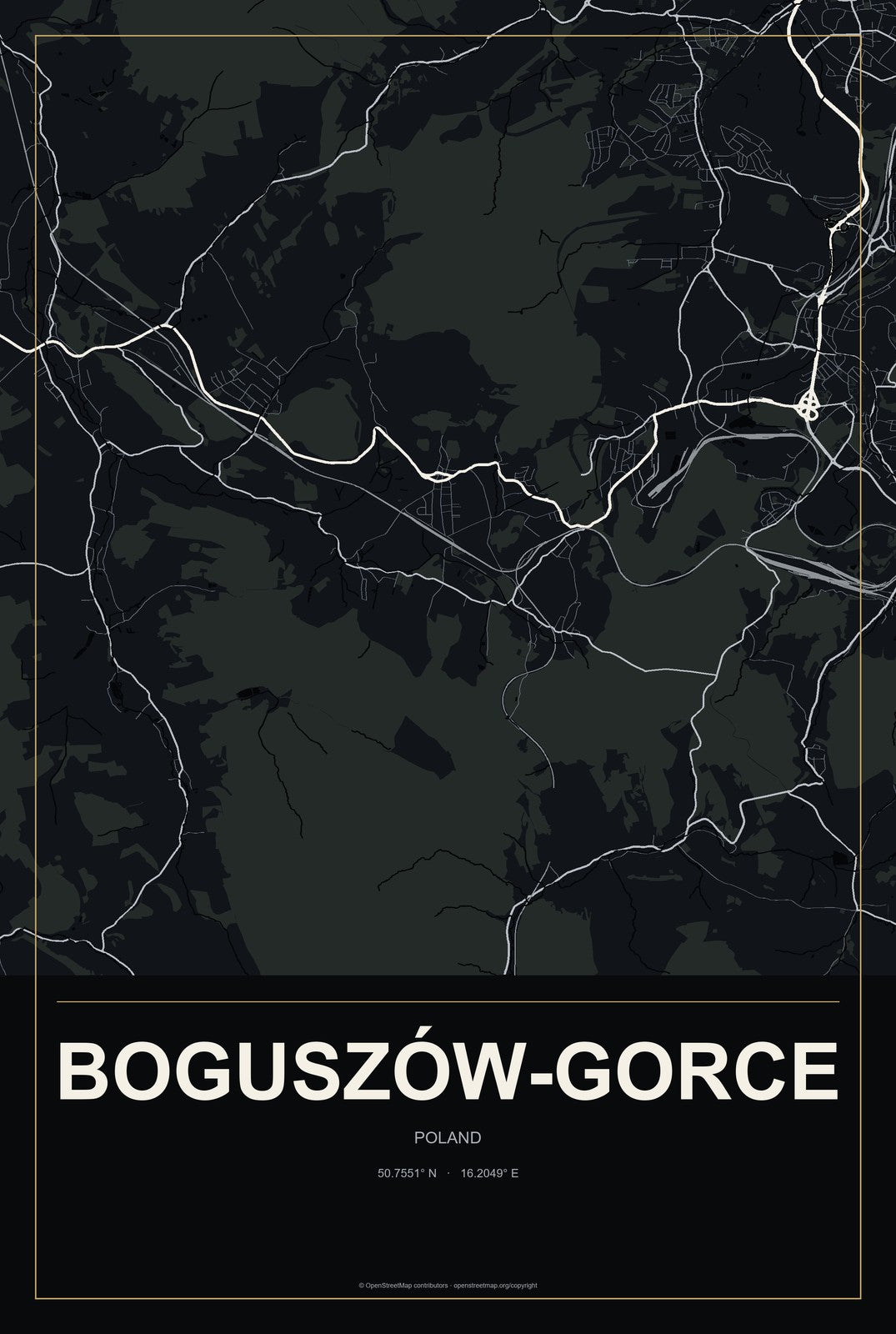 Boguszów-Gorce, Poland City Map Aluminum Sign in Metropolitan Noir style
