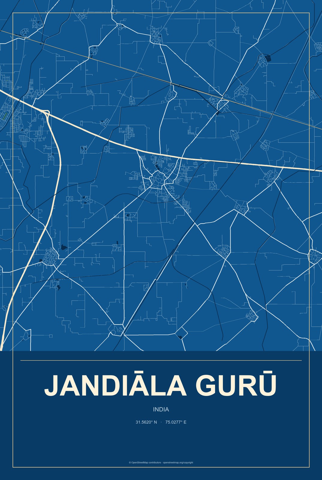 Jandiāla Gurū, India City Map Aluminum Sign in Harbor Cobalt style