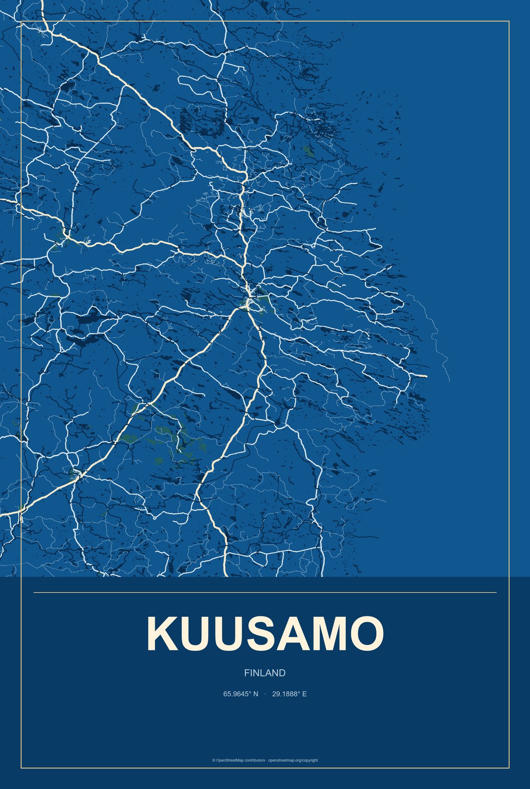 Kuusamo, Finland City Map Aluminum Sign in Harbor Cobalt style