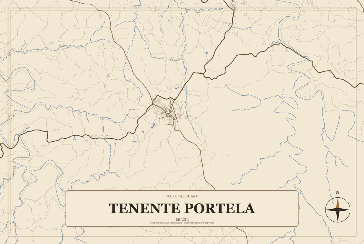 Tenente Portela, Brazil City Map Aluminum Sign in Heritage Nautical style