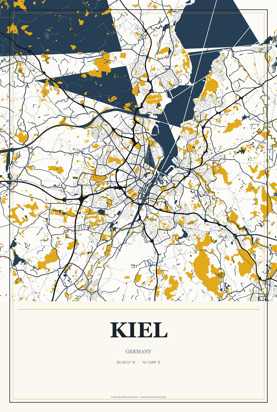 Kiel, Germany City Map Aluminum Sign in Citrine Modern style