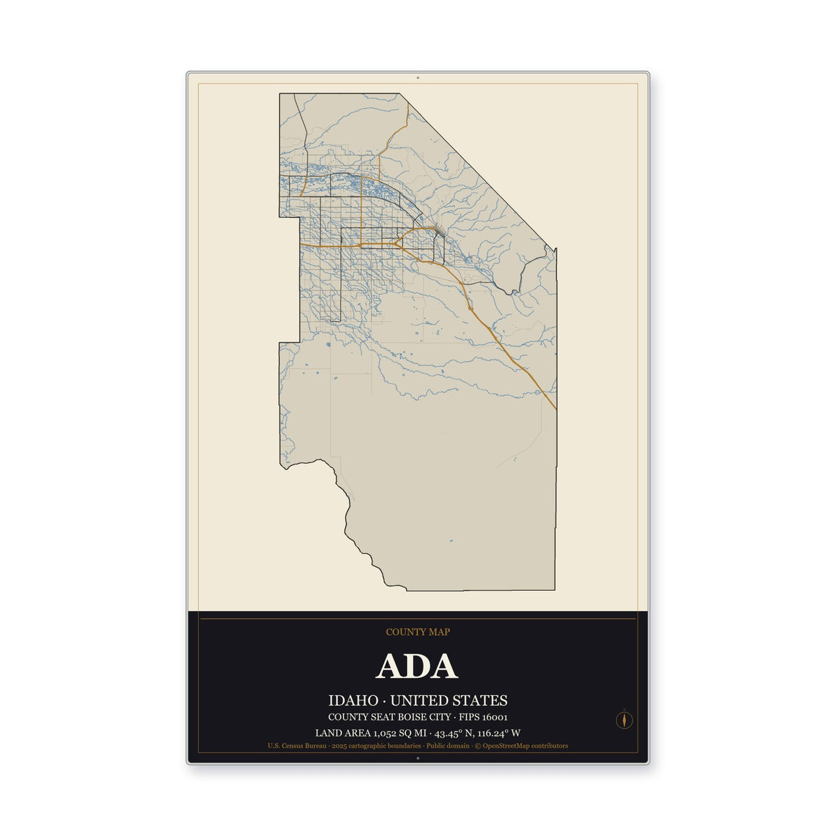 Ada County, Idaho Map Aluminum Sign in Museum Plaque style