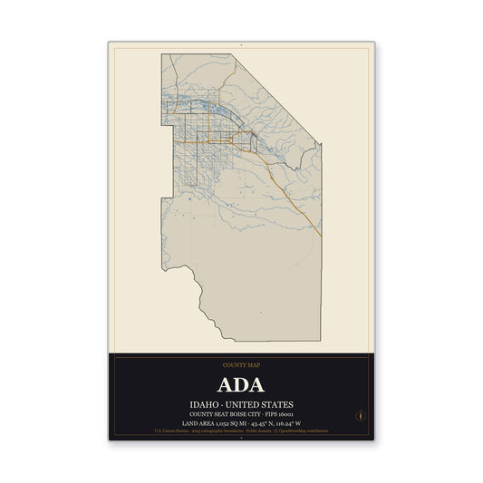 Ada County, Idaho Map Aluminum Sign in Museum Plaque style
