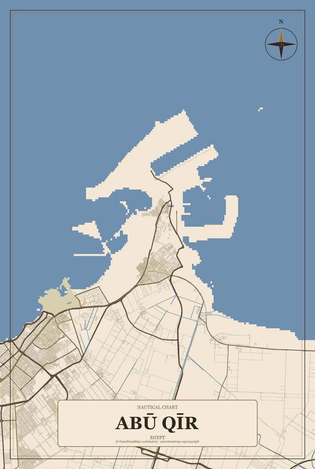 Abū Qīr, Egypt City Map Aluminum Sign in Heritage Nautical style