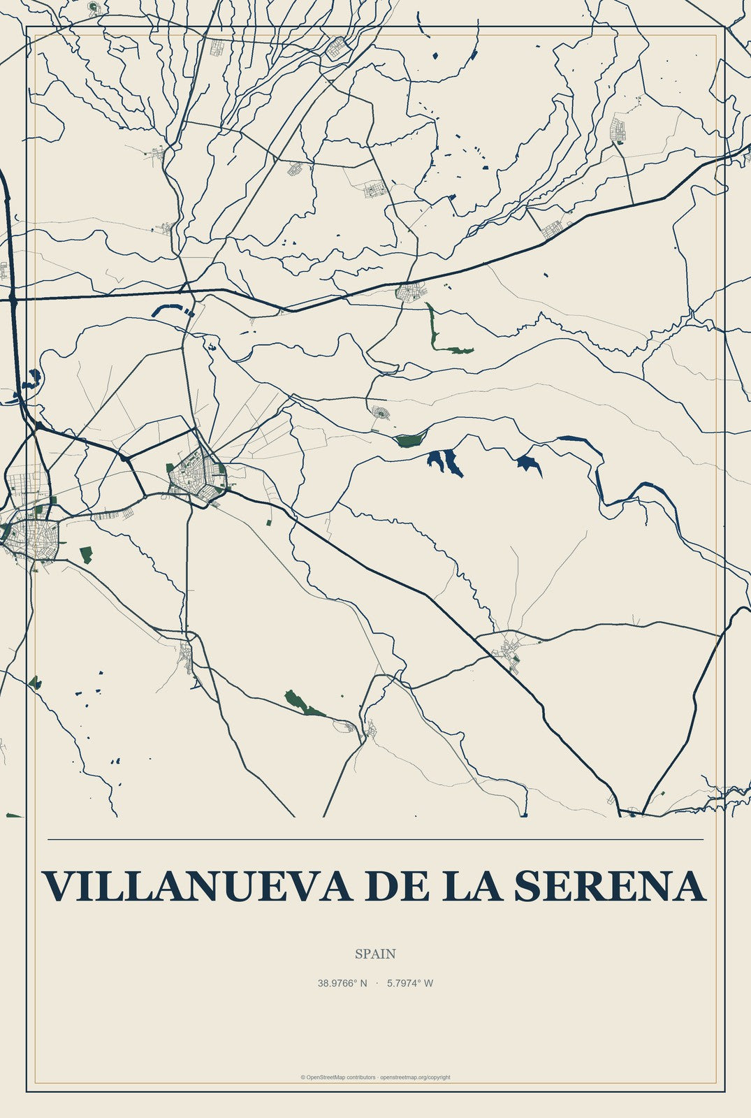 Villanueva de la Serena, Spain City Map Aluminum Sign in Coastal Cutout style