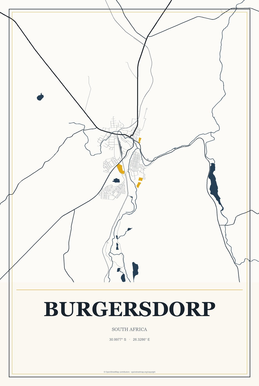 Burgersdorp, South Africa City Map Aluminum Sign in Citrine Modern style