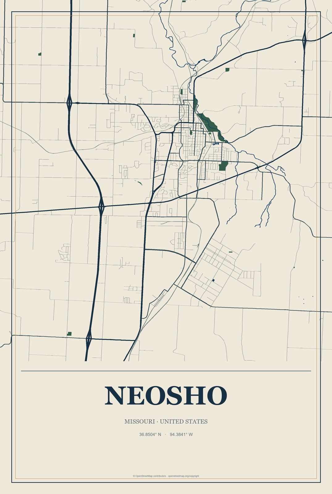 Neosho, Missouri City Map Aluminum Sign in Coastal Cutout style