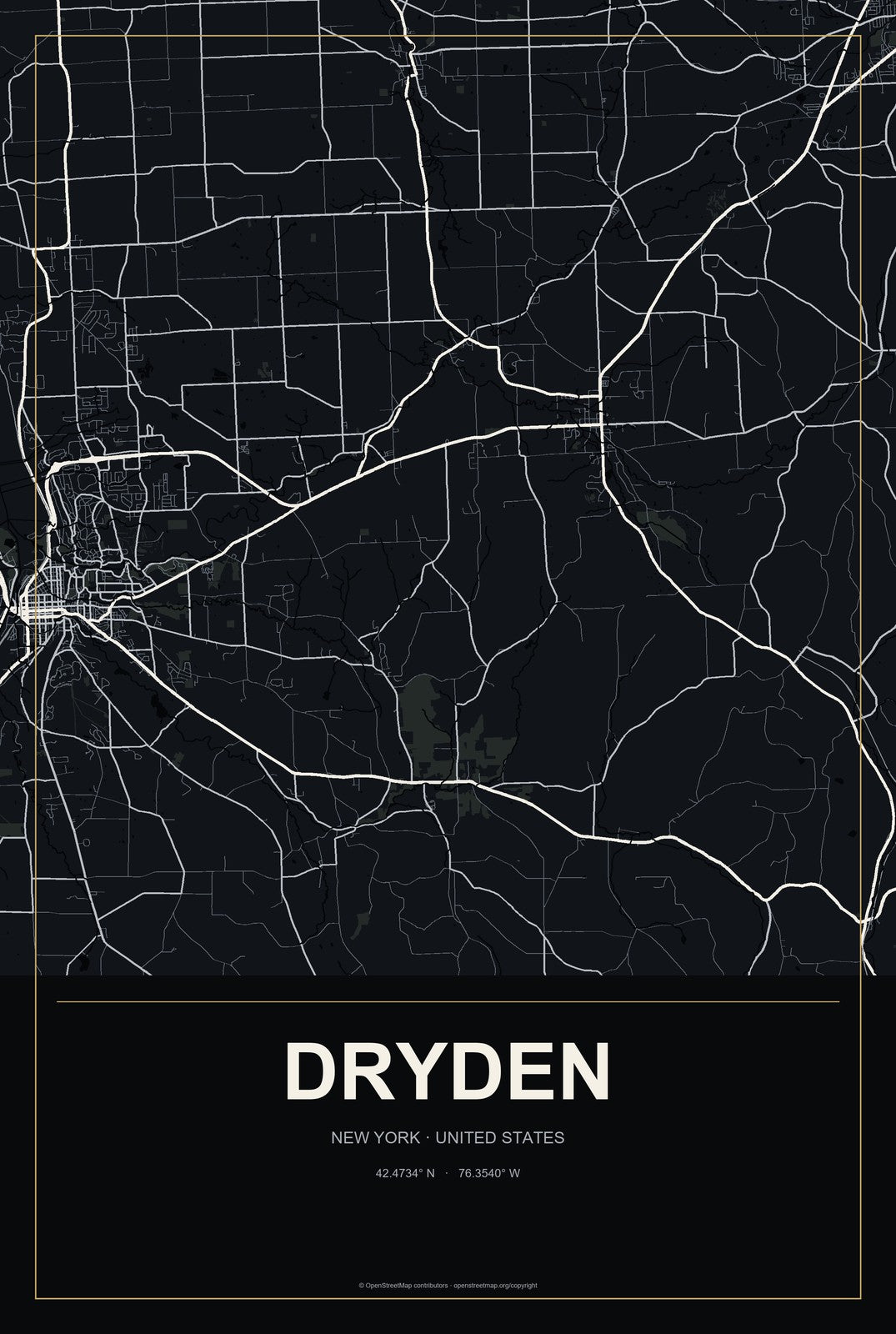 Dryden, New York City Map Aluminum Sign in Metropolitan Noir style