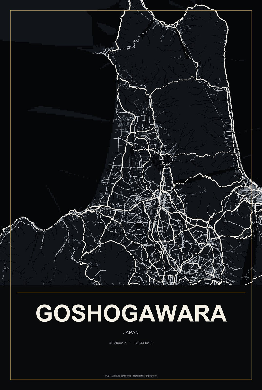 Goshogawara, Japan City Map Aluminum Sign in Metropolitan Noir style