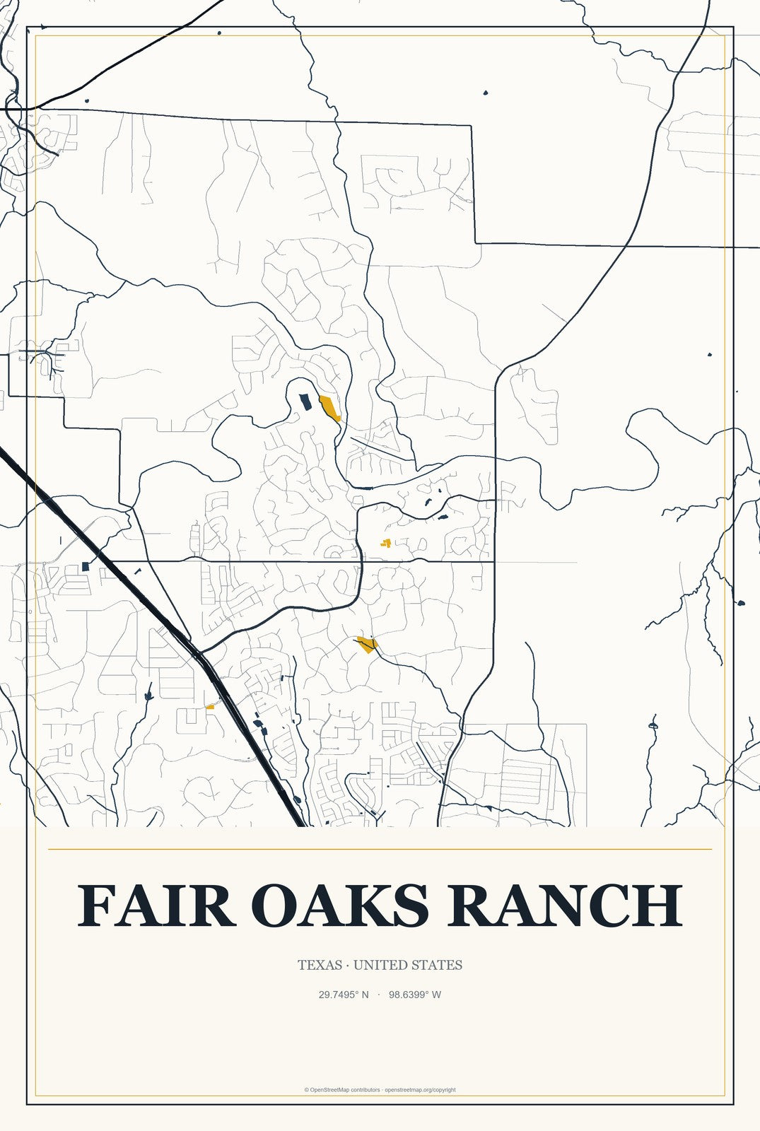 Fair Oaks Ranch, Texas City Map Aluminum Sign in Citrine Modern style