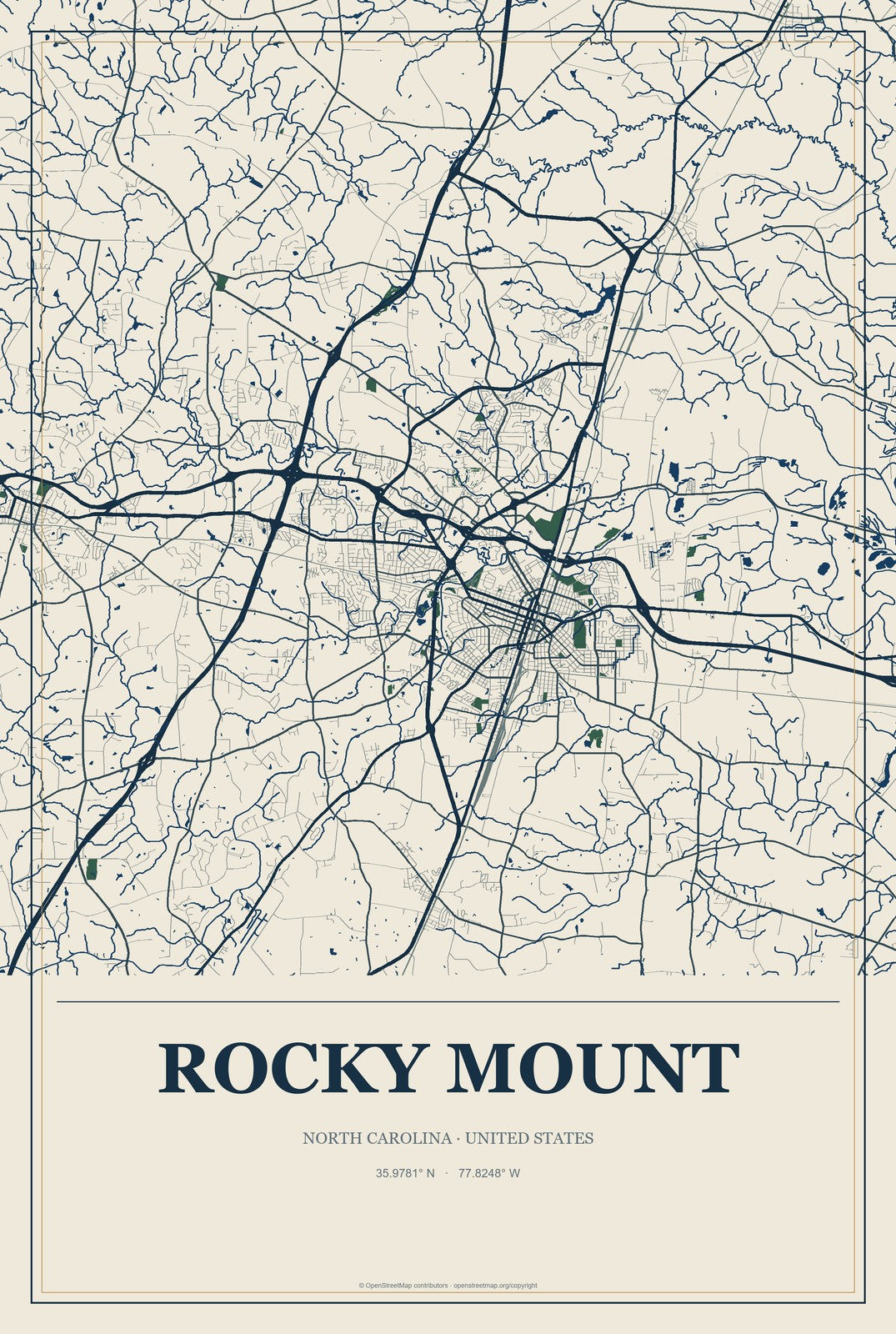 Rocky Mount, North Carolina City Map Aluminum Sign in Coastal Cutout style