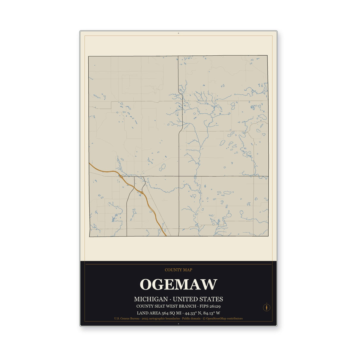Ogemaw County, Michigan Map Aluminum Sign in Museum Plaque style