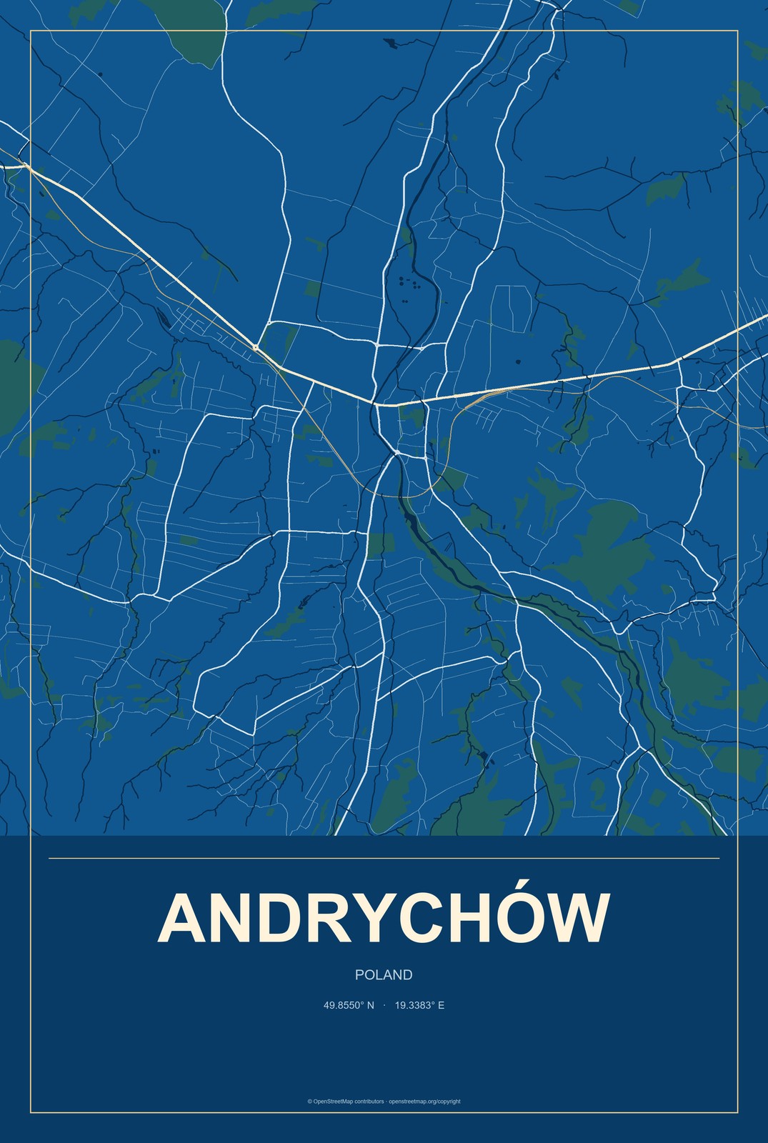 Andrychów, Poland City Map Aluminum Sign in Harbor Cobalt style