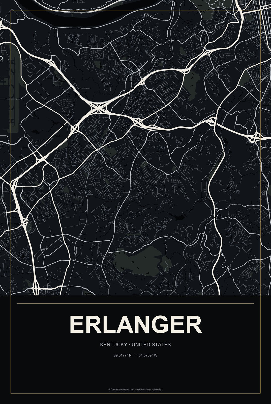Erlanger, Kentucky City Map Aluminum Sign in Metropolitan Noir style