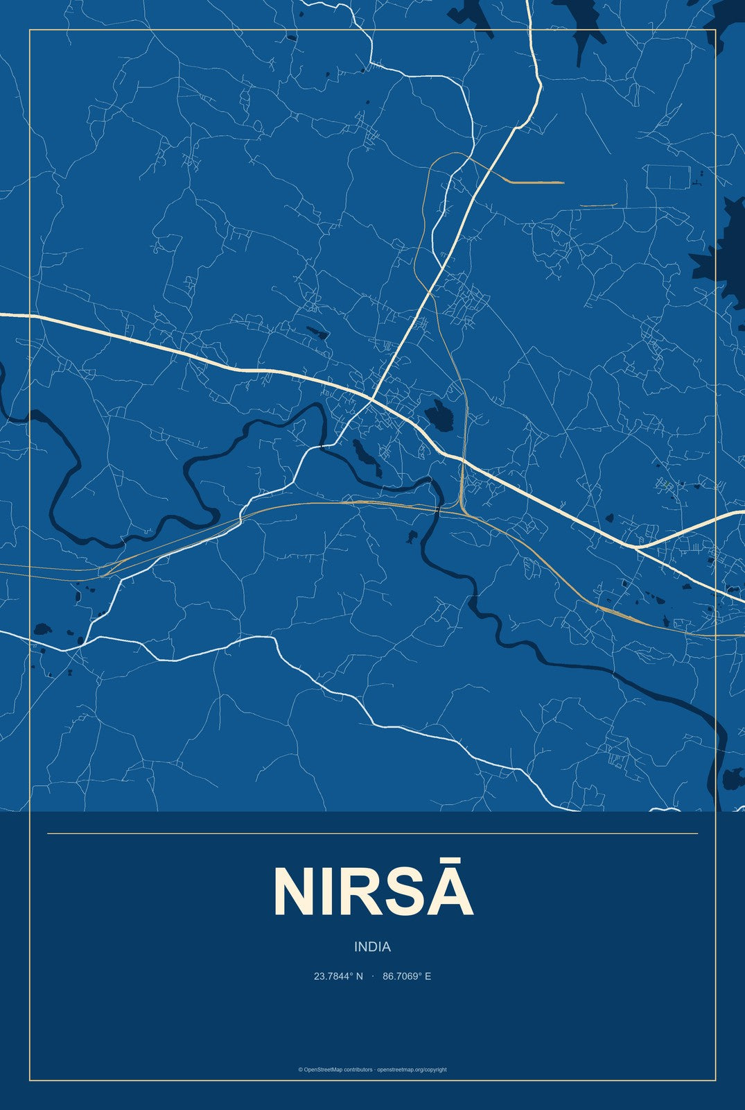 Nirsā, India City Map Aluminum Sign in Harbor Cobalt style