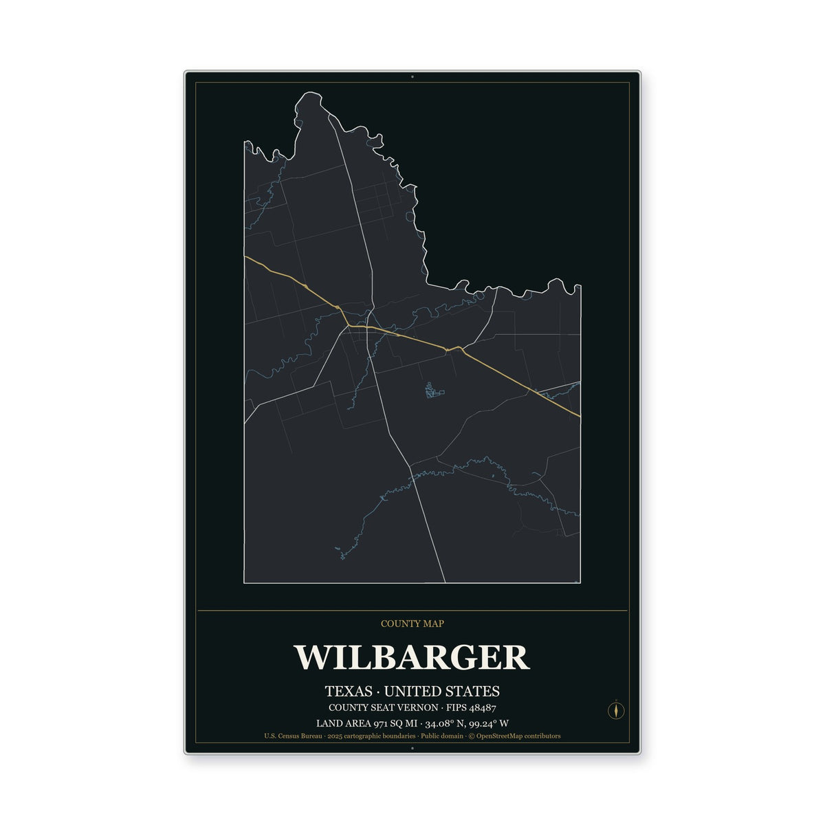 Wilbarger County, Texas Map Aluminum Sign in Metropolitan Noir style